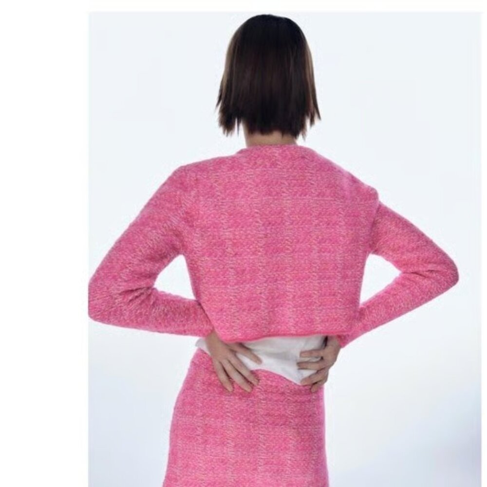 Zara Pink Tweed Knit Cardigan Jacket Sweater Barbie Pink Silver Metallic Size XL - Picture 4 of 16